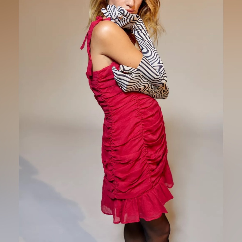 Urban Outfitters MINKPINK Little Darling Ruched Red Berry Mini Flutter Dress